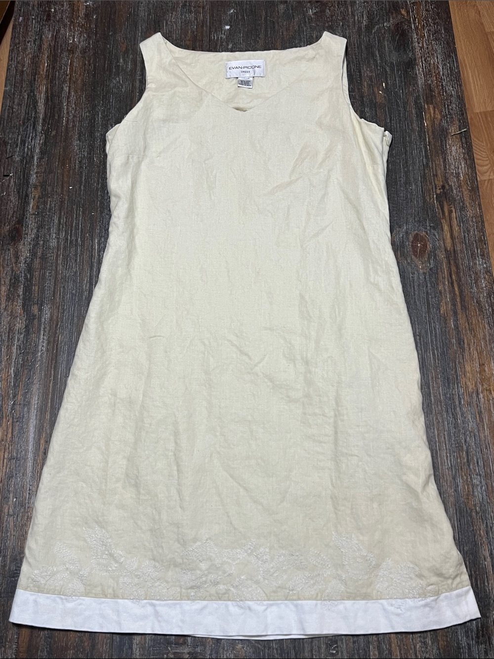 Vintage Evan Picone Cream Linen Sleeveless Dress with Embroidered Hem